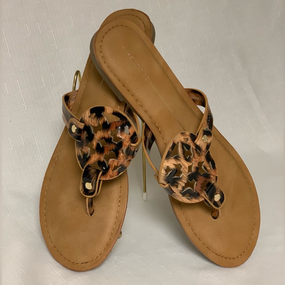 REPORT Thong Sandals Women 8.5 Brown Leopard Animal Print Flat Heel Slip On